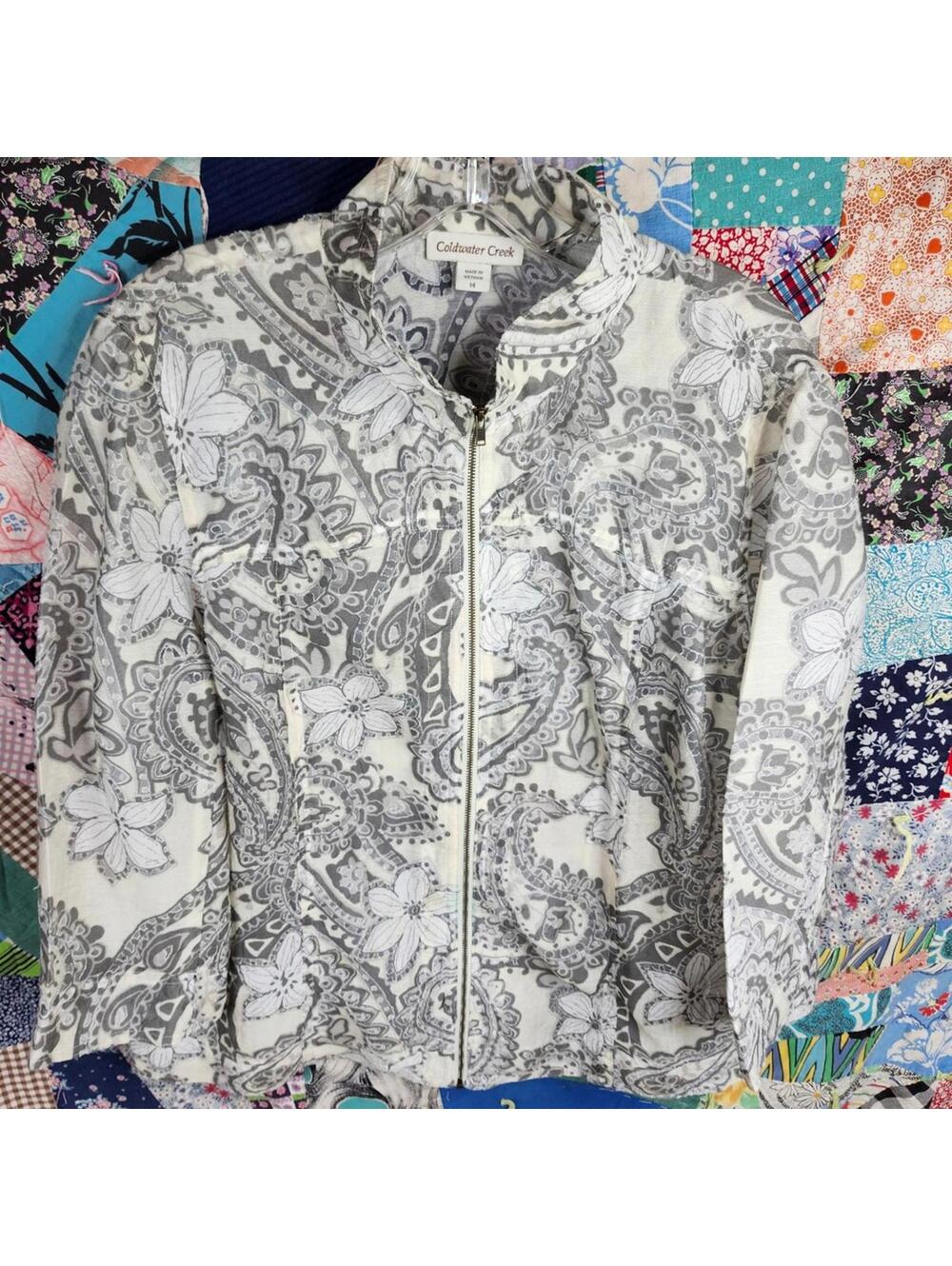 Coldwater Creek Sheer Linen Blend Paisley Print Zip Up Jacket Career Casual - 14